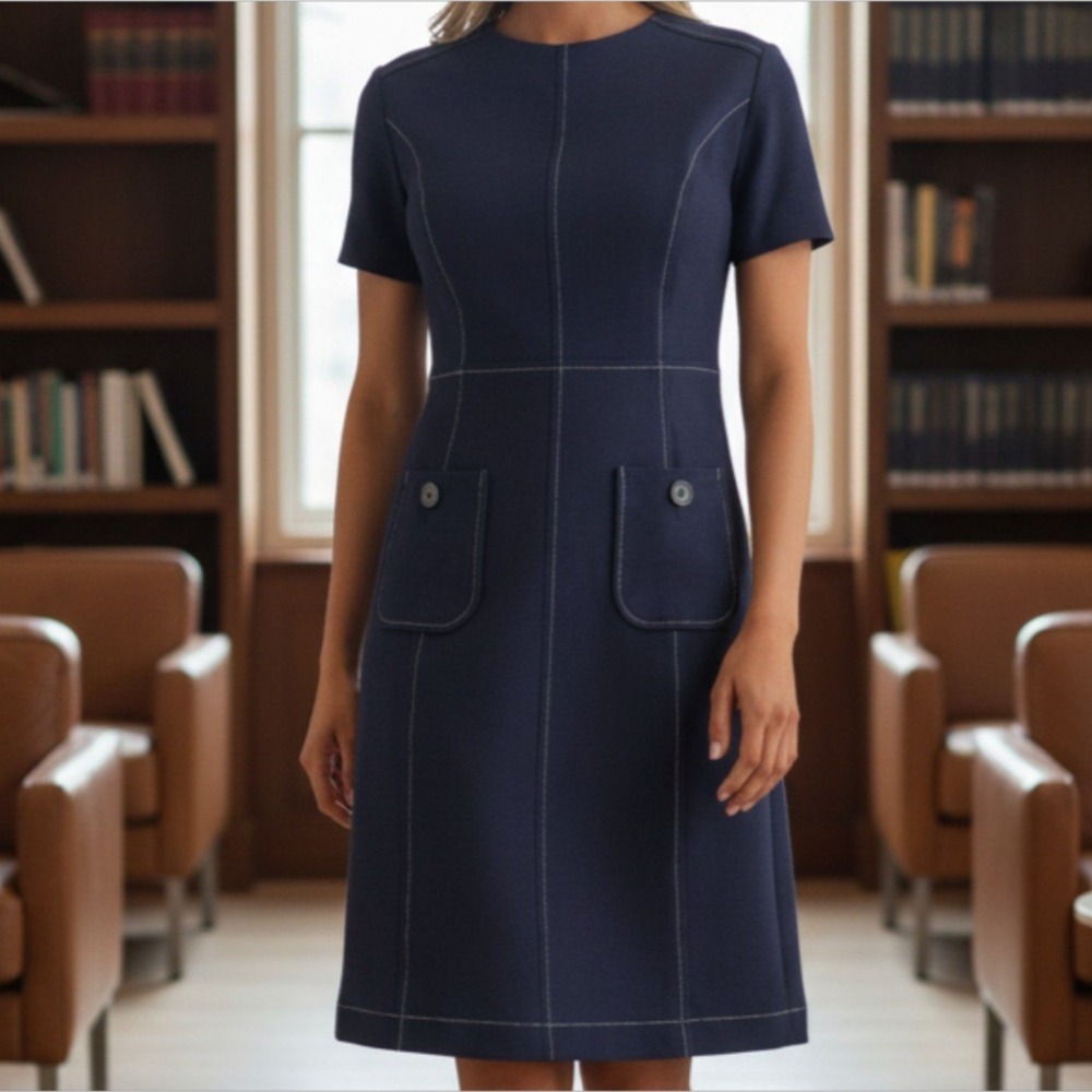 Boden Clara Textured Navy Blue Shift Dress Pockets US 8R UK 12R Mod Workwear